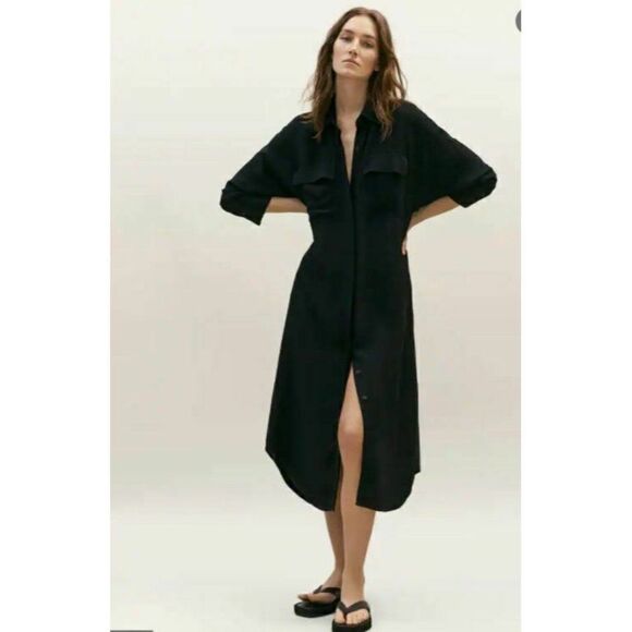 Massimo Dutti Womens Shirt Dress Midi US 6 EU 38 Black Button Front 6615/331 NWT - Picture 2 of 7